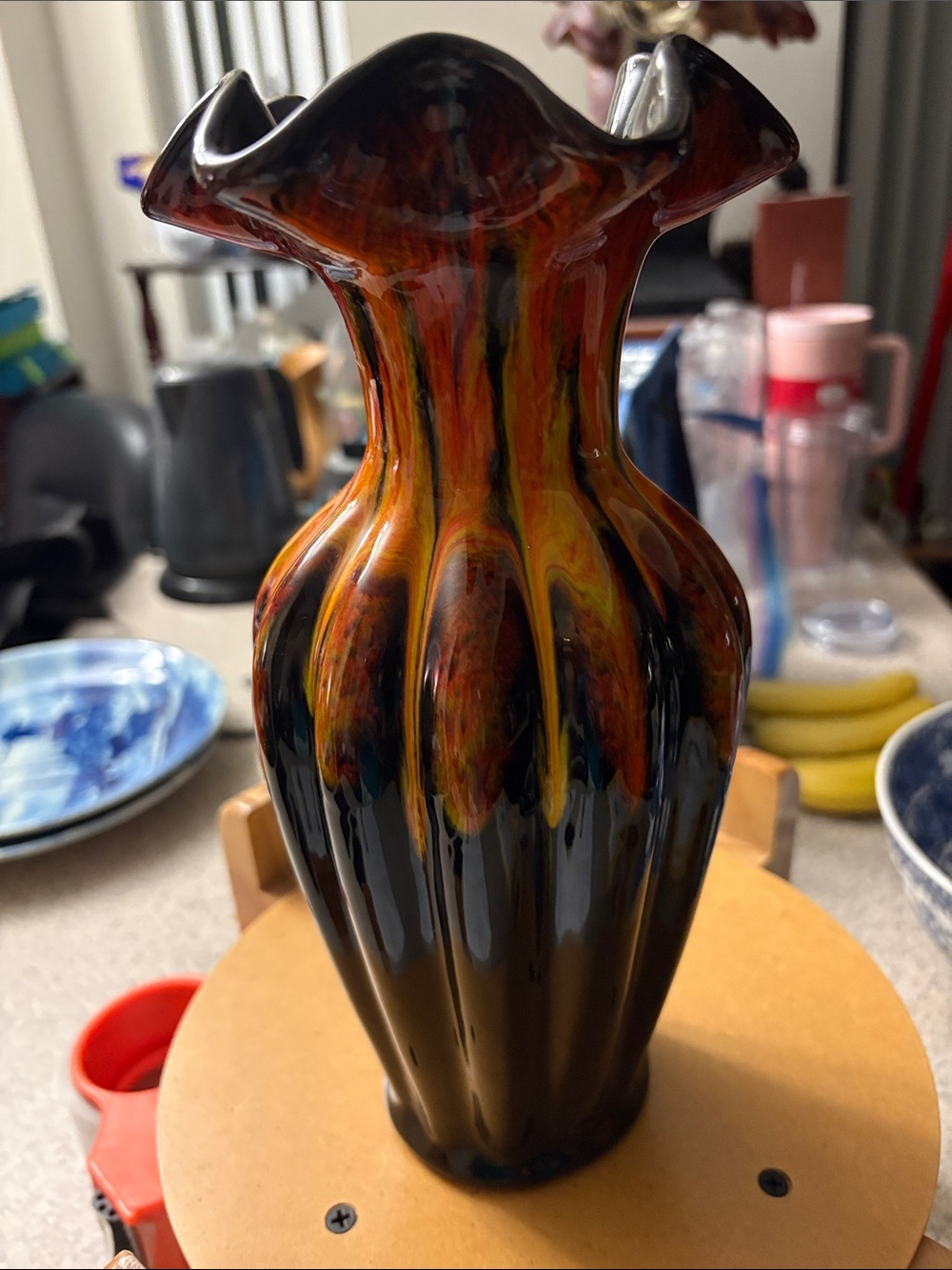 Mid Century Modern Ceramic Pottery With Ruffled Edge And Drip Glaze